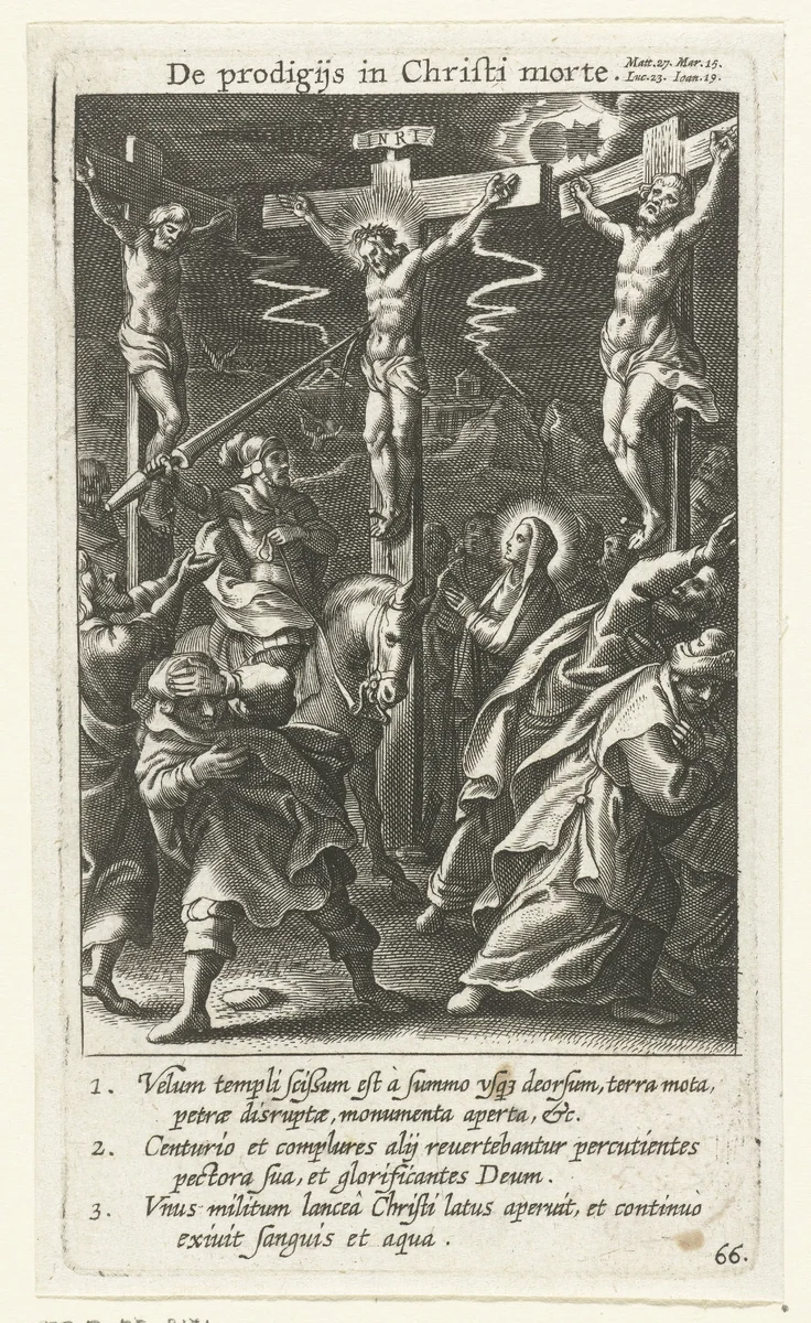Longinus steekt zijn lans in de zij van de dode Christus aan het kruis by Boëtius Adamsz. Bolswert, print, 1590-1622