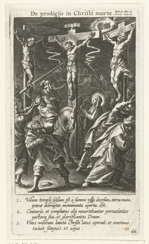 Longinus steekt zijn lans in de zij van de dode Christus aan het kruis by Boëtius Adamsz. Bolswert, print, 1590-1622