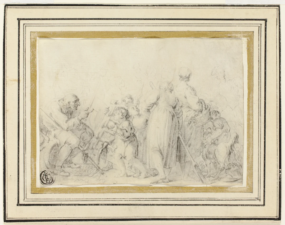 Genre Scene with Old Man, Peasant Women and Children by Jean-Baptiste Greuze, drawing, 1745-1805