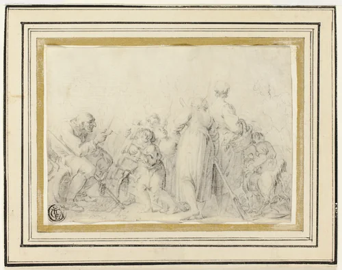 Genre Scene with Old Man, Peasant Women and Children by Jean-Baptiste Greuze, drawing, 1745-1805