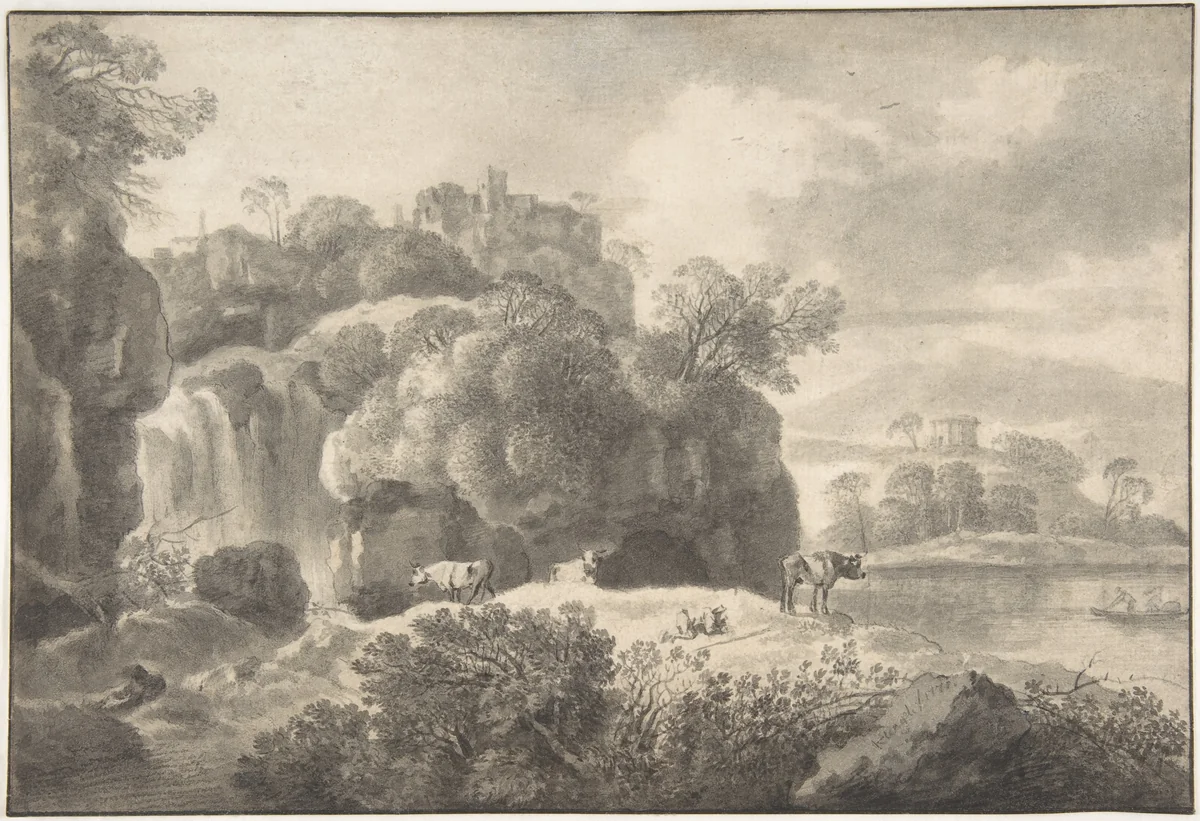 Ideal Landscape with a Shepherd and Cows by Johann Christian Klengel, drawing, 1770-1824