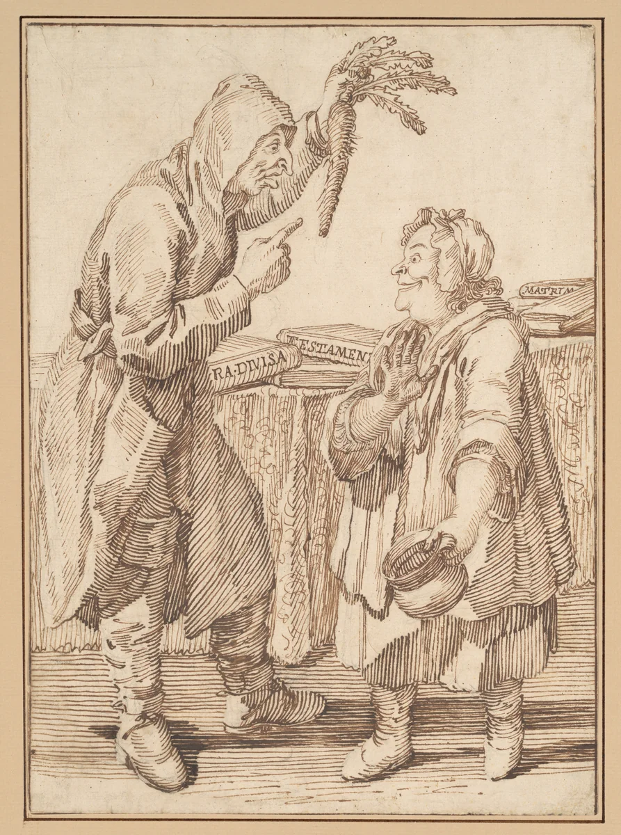 A Monk with a Carrot and a Woman with a Chamber Pot by Pier Leone Ghezzi, drawing, 1671-1770
