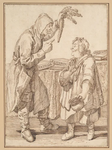 A Monk with a Carrot and a Woman with a Chamber Pot by Pier Leone Ghezzi, drawing, 1671-1770
