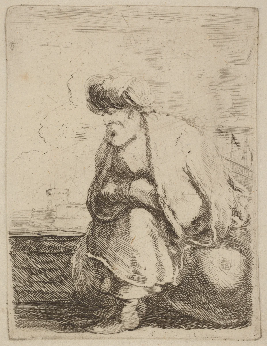 An Old Turk with Turban Seated on a Rock by Stefano della Bella, print, 1610-1664