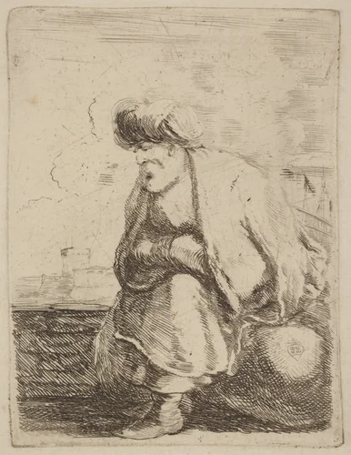 An Old Turk with Turban Seated on a Rock by Stefano della Bella, print, 1610-1664