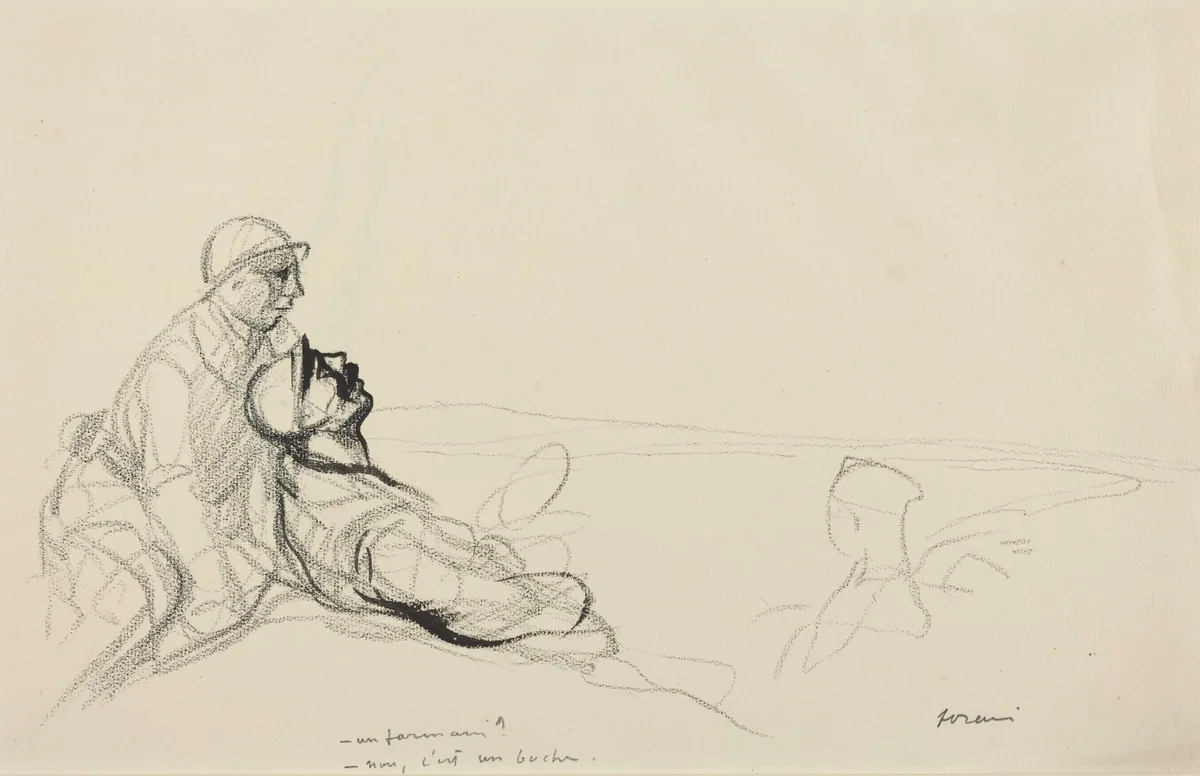 a) -Un farman? -non, c'est un boche. (recto); b) Sketch of Figure (verso) by Jean-Louis Forain, drawing, 1914-1919