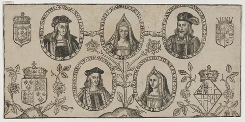James IV of Scotland, Margaret, Daughter of Henry VII, Archibald Douglas, Earl of Angus, Henry VII, Elizabeth of York by Unknown 19th Century, print, 1800-1899
