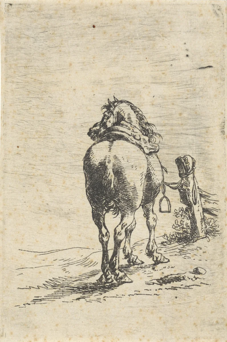 Gezadeld paard aan een paal by Pieter Cornelisz Verbeeck, print, 1620-1654