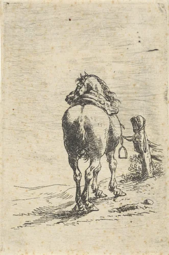 Gezadeld paard aan een paal by Pieter Cornelisz Verbeeck, print, 1620-1654