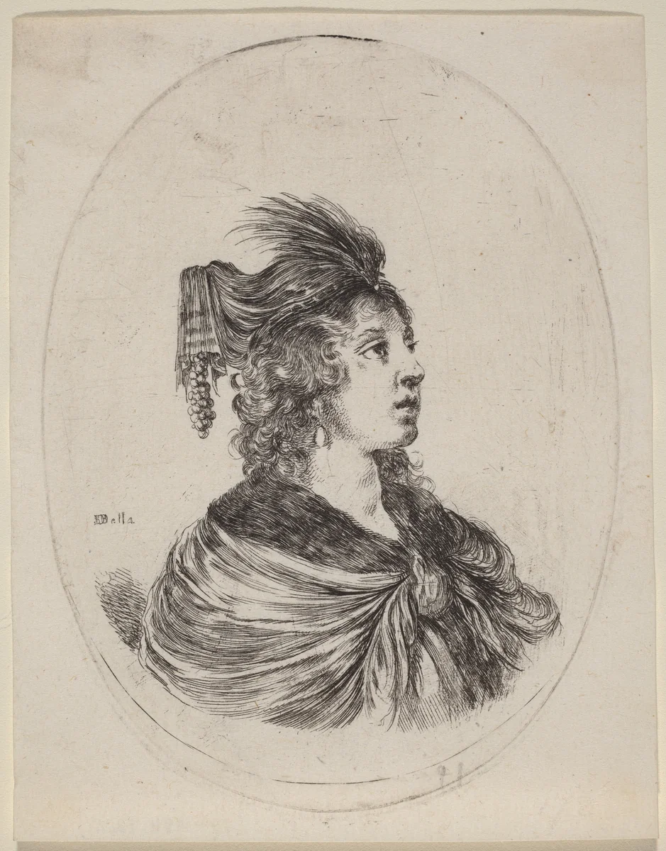 Woman in a Feathered Turban, Turned to the Right by Stefano della Bella, print, 1649-1650