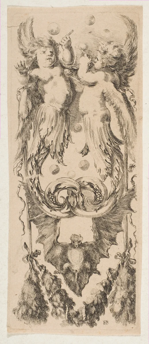 Two Winged Children with Bodies Turning into Ornament Blowing Bubbles by Stefano della Bella, print, 1648-1658