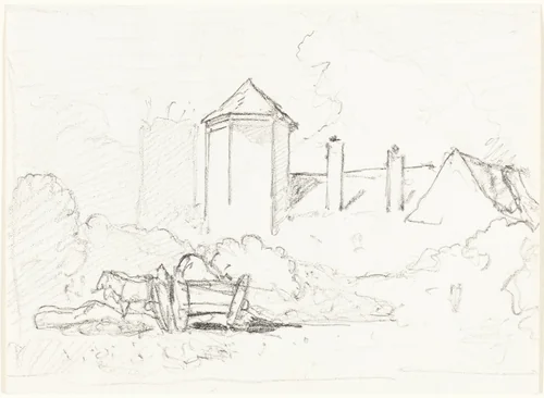 Sketch of Buildings with Cart and Horses in Foreground by John Sell Cotman, drawing, 1782-1842