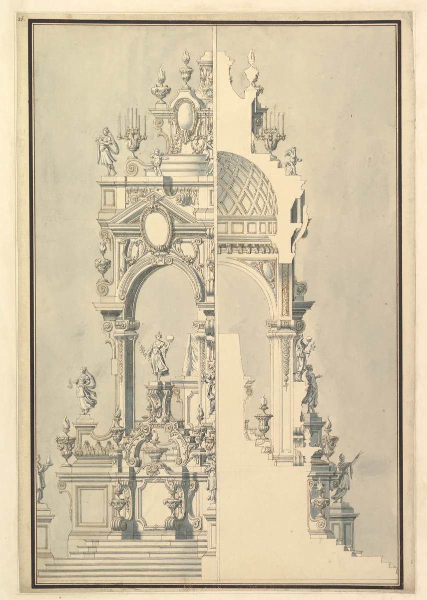 Half Elevation and Half Section of Catafalque for a Duchess of Hanover, probably Sophia (1630–1714) by Giuseppe Galli Bibiena, drawing, 1696-1756