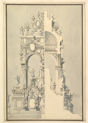 Half Elevation and Half Section of Catafalque for a Duchess of Hanover, probably Sophia (1630–1714) by Giuseppe Galli Bibiena, drawing, 1696-1756