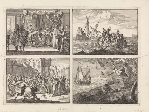 Sterfbed van koning Karel II van Engeland, 1685 / Schipbreuk van de hertog van York onderweg naar Edinburg, 1683 / Te Danzig wordt een processie met steenworpen door het volk begroet, 1678 / Hevige wind aan de kust van Malmö, 1679 by Caspar Luyken, print, 1698