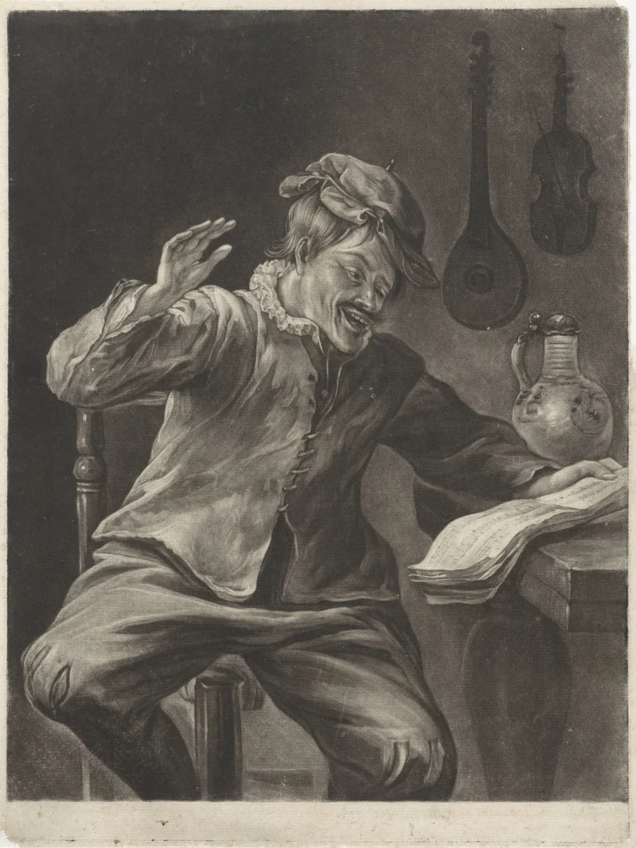 Het Gehoor: zingende man by Jacob Gole, print, 1670-1724