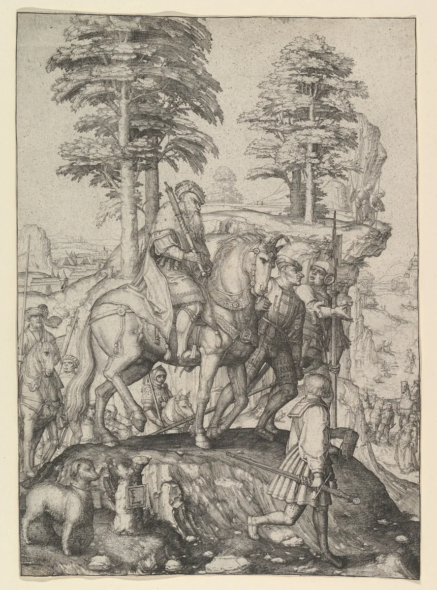 Abigail Before David by Lucas van Leyden, print, 1502-1512