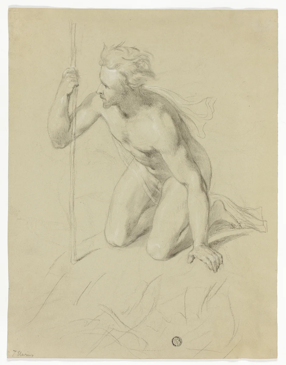 Nude Man Kneeling, Holding Staff (recto); Alpine Panorama (verso) by Thomas Uwins, drawing, 1802-1857