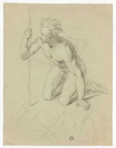 Nude Man Kneeling, Holding Staff (recto); Alpine Panorama (verso) by Thomas Uwins, drawing, 1802-1857