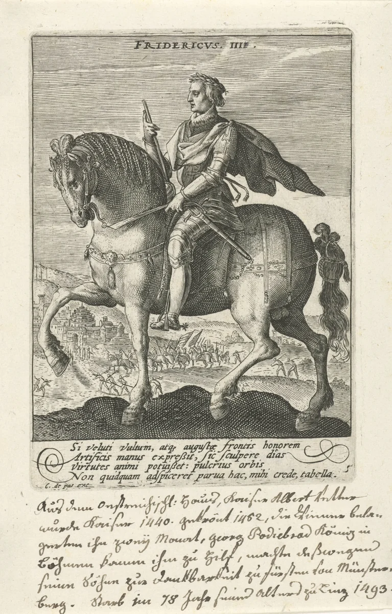 Frederik III van Habsburg te paard by Crispijn van de Passe, print, 1604