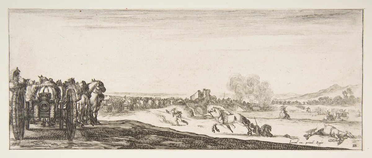 A procession of horse-drawn cannon carriages to left, horsemen in combat and a dead horse to right, battle on a bridge in center background, from "Peace and War" (Divers desseins tant pour la paix que pour la guerre) by Stefano della Bella, print, 1636-1646