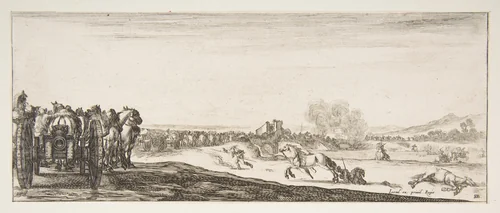 A procession of horse-drawn cannon carriages to left, horsemen in combat and a dead horse to right, battle on a bridge in center background, from "Peace and War" (Divers desseins tant pour la paix que pour la guerre) by Stefano della Bella, print, 1636-1646