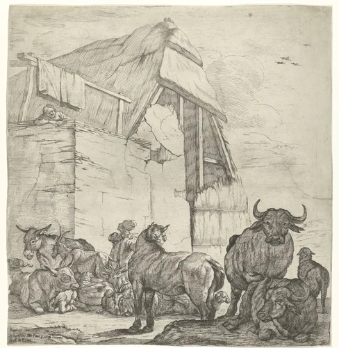 Rustend vee voor een boerderij by Jan van Ossenbeeck, print, 1647-1655