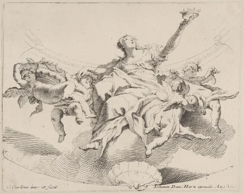 Power, represented by a woman seated on clouds holding a crown and surrounded by putti by Carlo Innocenzo Carloni, print, 1725-1775