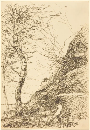 Shepherd Struggling with a Goat (Berger luttant avec sa chevre) by Jean-Baptiste-Camille Corot, print, 1874