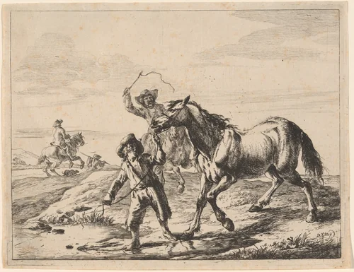 A Boy Taking a Horse to Drink by Dirck Stoop, print, 1651