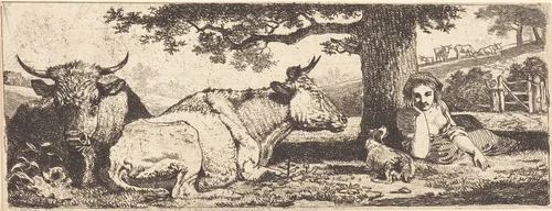 Two Cows and a Woman Lying Down by Jean Louis Demarne, print, 1744-1829