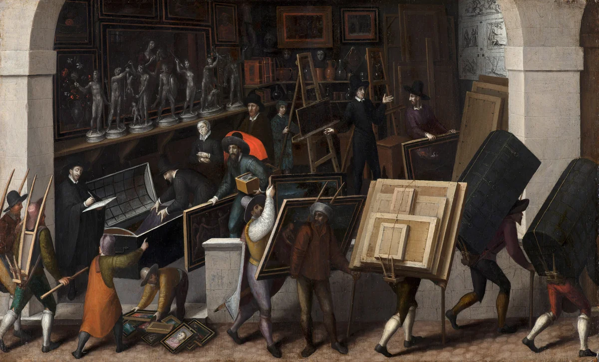 The confiscation of the contents of an art dealer's gallery by François Bunel, painting, 1590