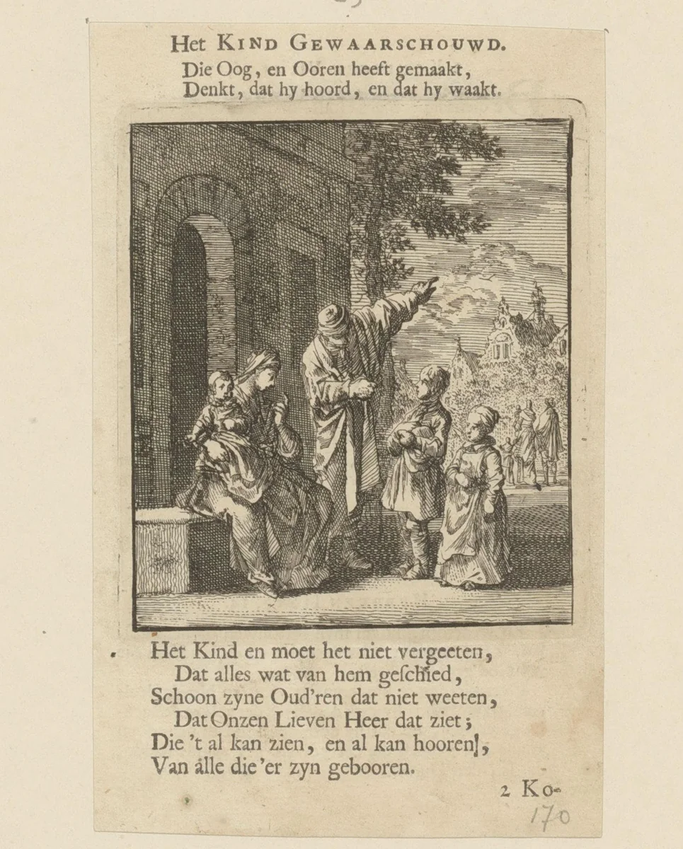 Een man waarschuwt kinderen en wijst naar een kerk by Jan Luyken, print, 1712