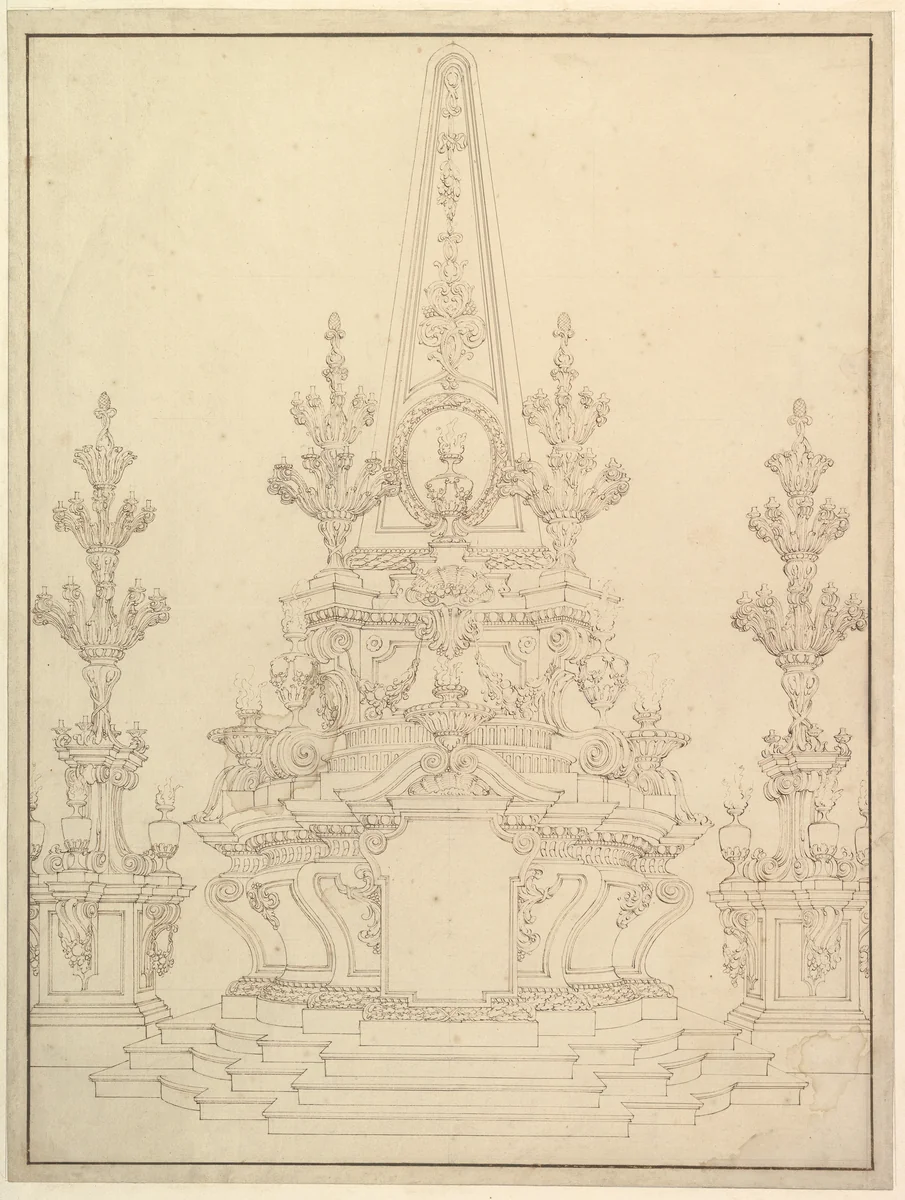 Elevation of a Catafalque: Two Pedestals with Candelabra at Sides; with Central Obelisk Surrounded by Candelabra (recto); Sketch of architecture: archway and corner with pillars (verso) by Giuseppe Galli Bibiena, drawing, 1696-1756