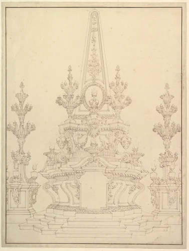 Elevation of a Catafalque: Two Pedestals with Candelabra at Sides; with Central Obelisk Surrounded by Candelabra (recto); Sketch of architecture: archway and corner with pillars (verso) by Giuseppe Galli Bibiena, drawing, 1696-1756