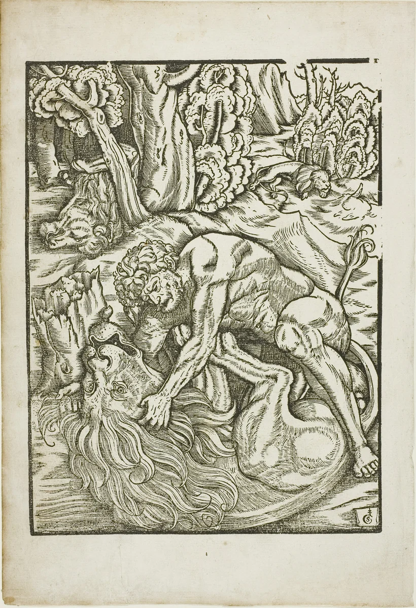 Hercules Strangling the Nemean Lion, from the Labors of Hercules by Gabriel Salmon, print, 1523-1533