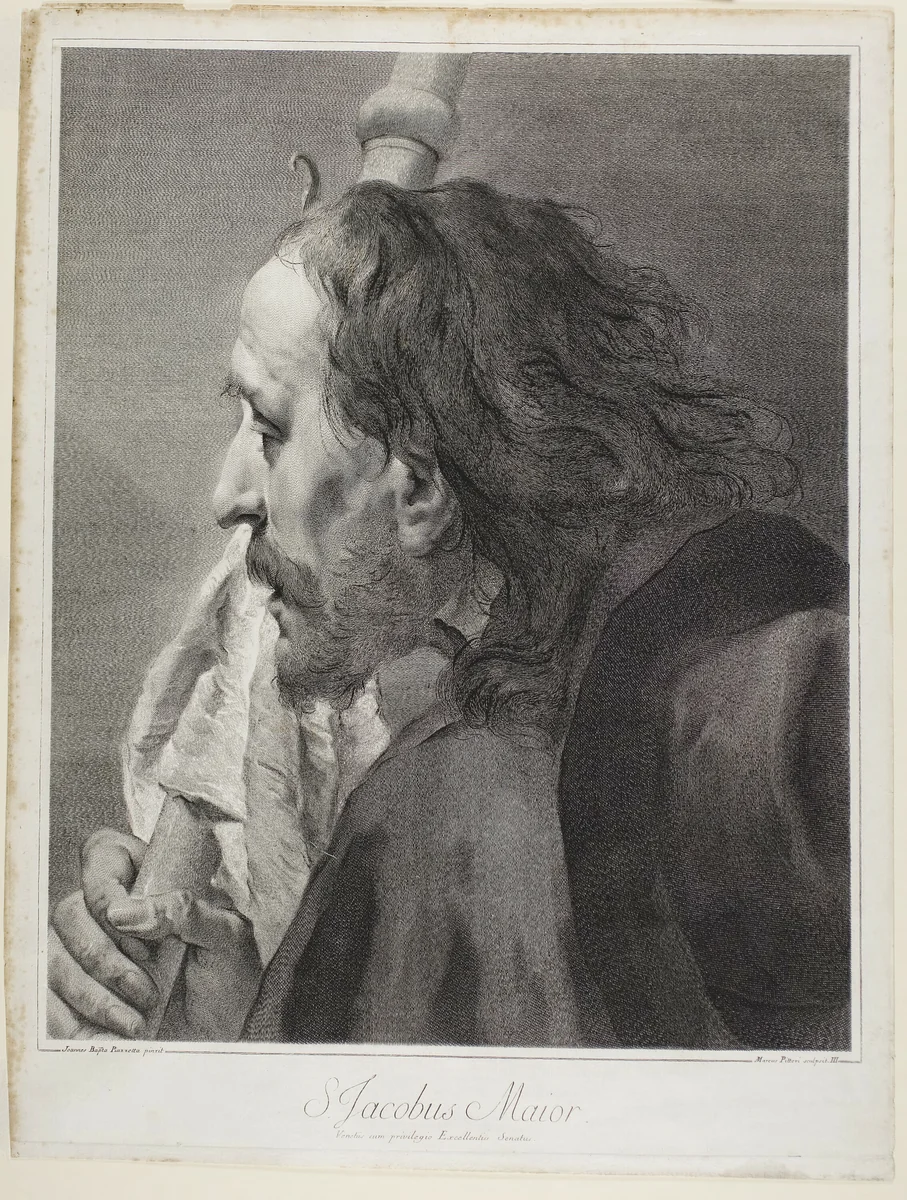 Saint Jacobus the Great, from The Holy Family and the Twelve Apostles by Giovanni Marco Pitteri, print, 1742
