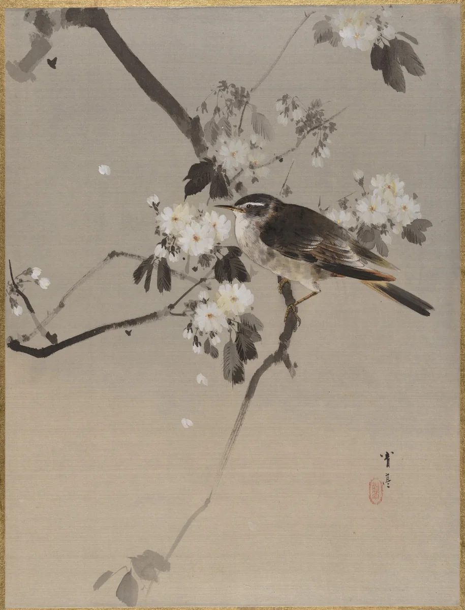 Birds on a Flowering Branch by Watanabe Seitei (渡辺省亭), painting, 1877-1897