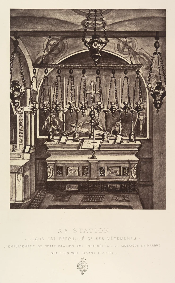 Xe Station. Jésus est dépouillé de ses Vêtements. L'emplacement de cette station est indique par la mosaïque en marbre que l'on voit devant l'autel. by Louis de Clercq, photograph, 1860