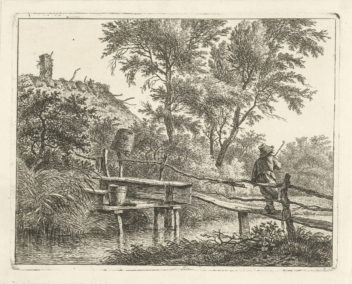 Man op brug by Hermanus Fock, print, 1781-1822