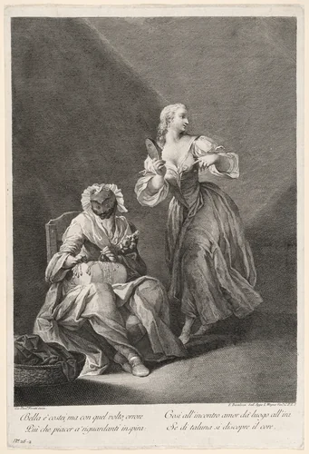 Harlequin as Lacemaker by Francesco Bartolozzi, print, 1760