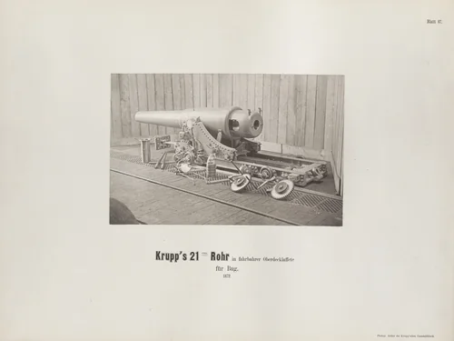 Krupp's 21 cm. Rohr in fajrnajrer Oberdecklaffete fur Bug. by Hugo van Werden, photograph, 1872