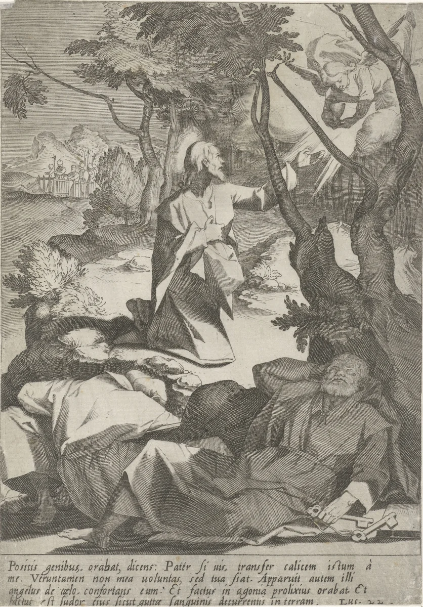 Christus in hof van Getsemane by Pieter de Jode, print, 1590-1632