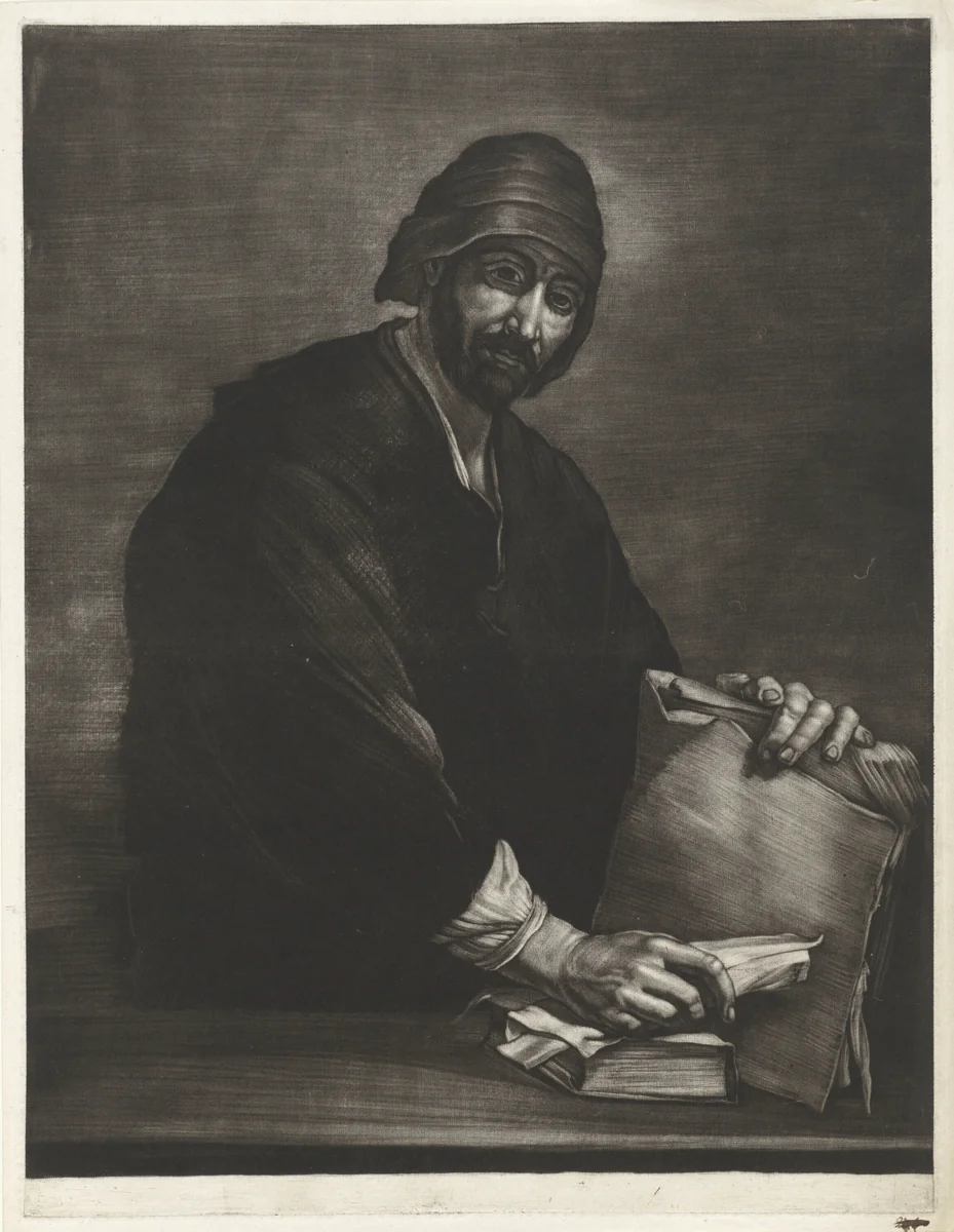 Filosoof met boek en schriftrol by Bernard Vaillant, print, 1672