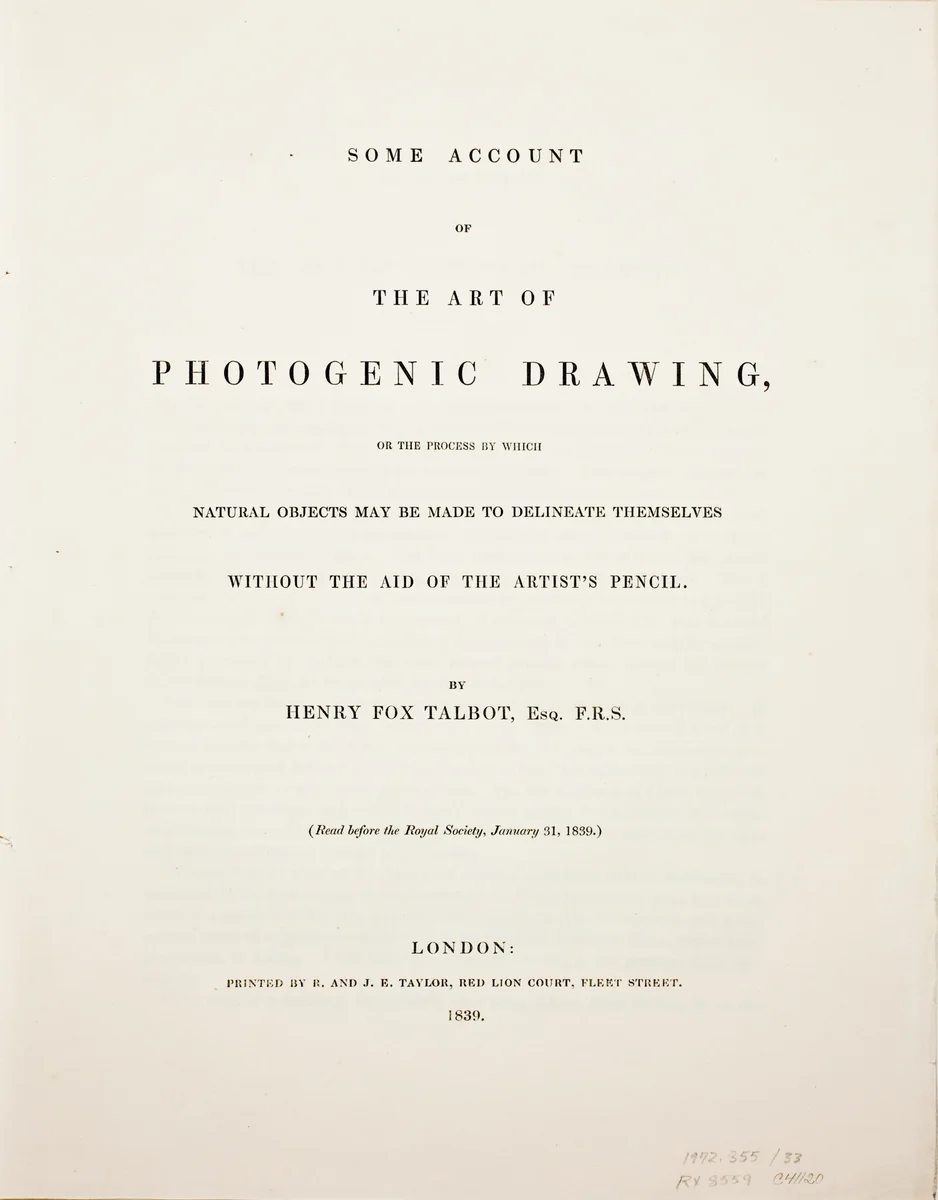 Some Account of the Art of Photogenic Drawing, or the Process by which Natural Objects May Be Made to Delineate Themselves without the Aid of the Artist's Pencil by William Henry Fox Talbot, drawing, 1839