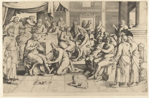 De voetwassing van Petrus by Unknown, print, 1534-1570