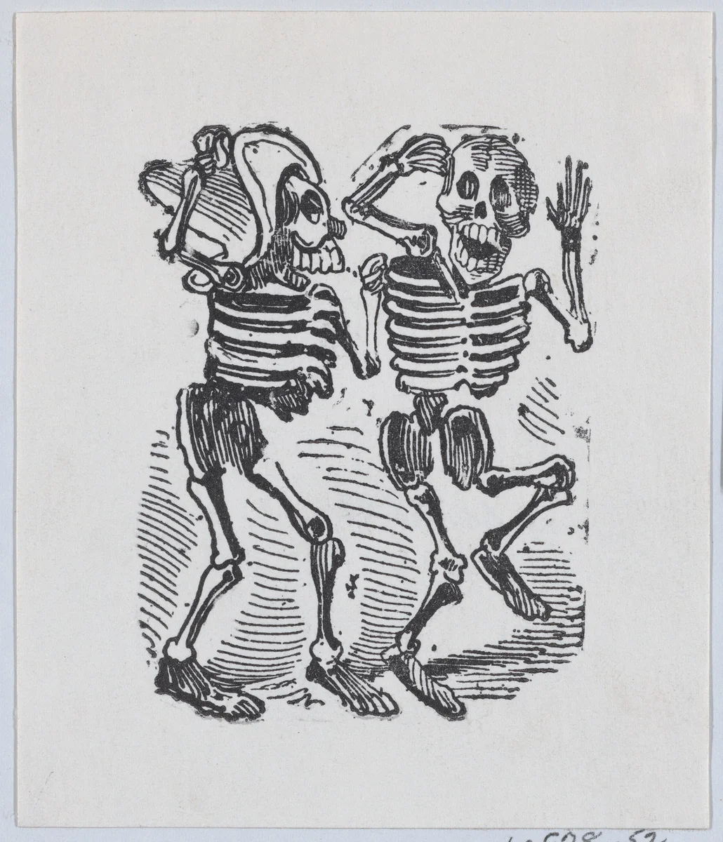 Two skeletons smiling and dancing by José Guadalupe Posada, print, 1875-1885