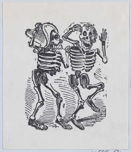 Two skeletons smiling and dancing by José Guadalupe Posada, print, 1875-1885
