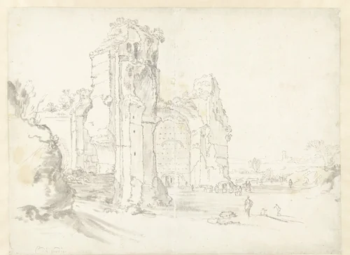 View of the Baths of Caracalla, Rome, with Distinguished Visitors and a Coach by Guilliam du Gardijn, drawing, 1625-1630