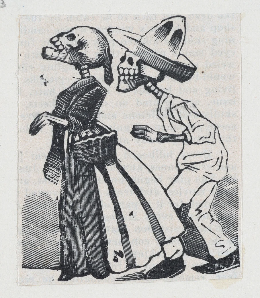 A male skeleton walking behind a female skeleton (vignette for the feast of the dead) by José Guadalupe Posada, print, 1889-1899